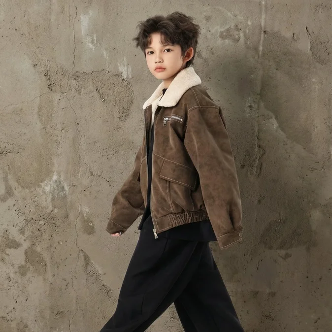 Boys Children's Thickened Fleece Leather Jacket Baby Teenager Winter Coat Warm Stylish Korean Style Kids' Outerwear 3