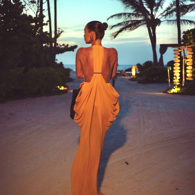 

Chic Bohemian Yellow Dress Draped Chiffon Vintage Women Dresses Party Summer Vacation Beach Trendy Streetwear