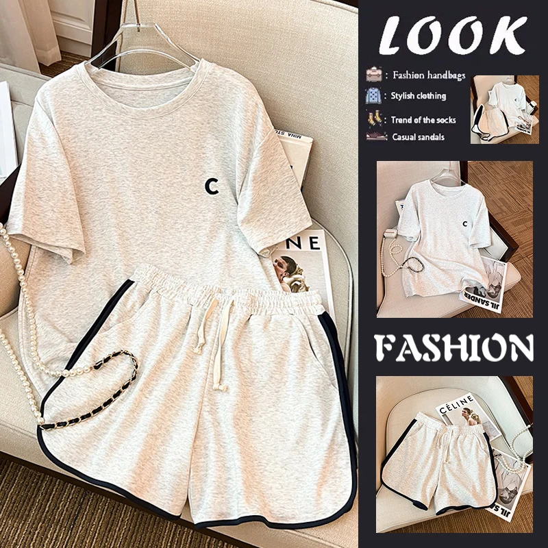 

Large Size 300 Pounds Two-Piece Set Casual Sports Women's Short Sleeve Shorts Trendy Comfortable Breathable Cotton round Neck