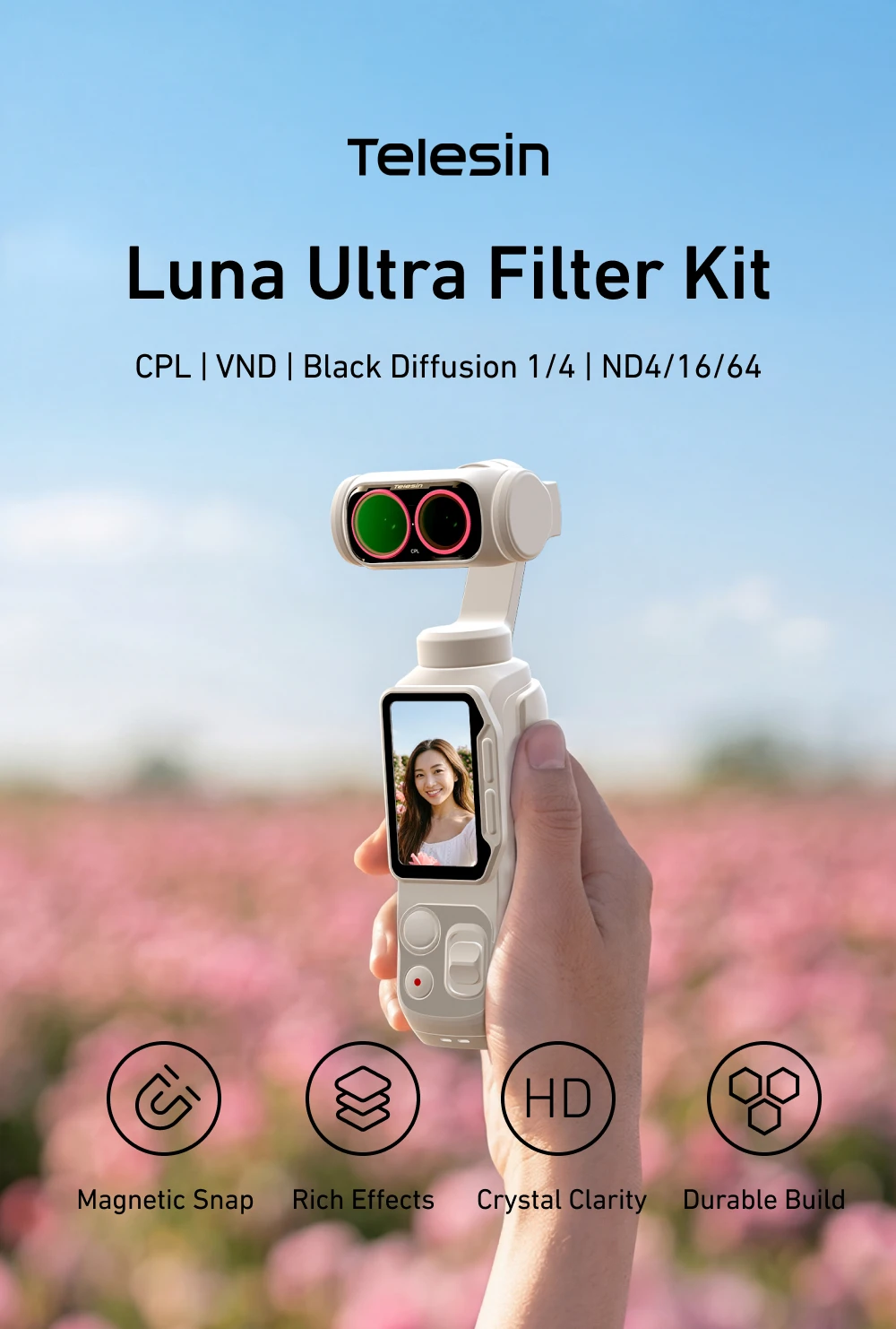 TELESIN Magnetische CPL VND Black Diffusion 1/4 ND4/16/64 Filter für Insta 360 Luna Ultra Filter-Kit Kamera-Schutzfilter – Detail 1