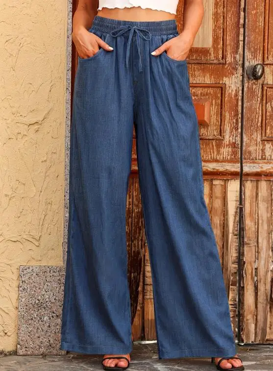 

Women's Pants 2025 Spring Autumn New Solid Color Loose Fit Pocket Design High Waist Drawstring Casual Daily Wide Leg Pants
