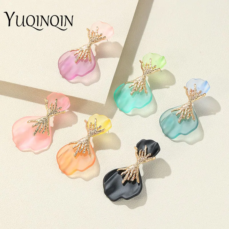 Korean Long Gold Color Metal Resin Earrings for Women Trending Wedding Big Cute Flower Drop Earrings Dangle Brincos New Jewelry