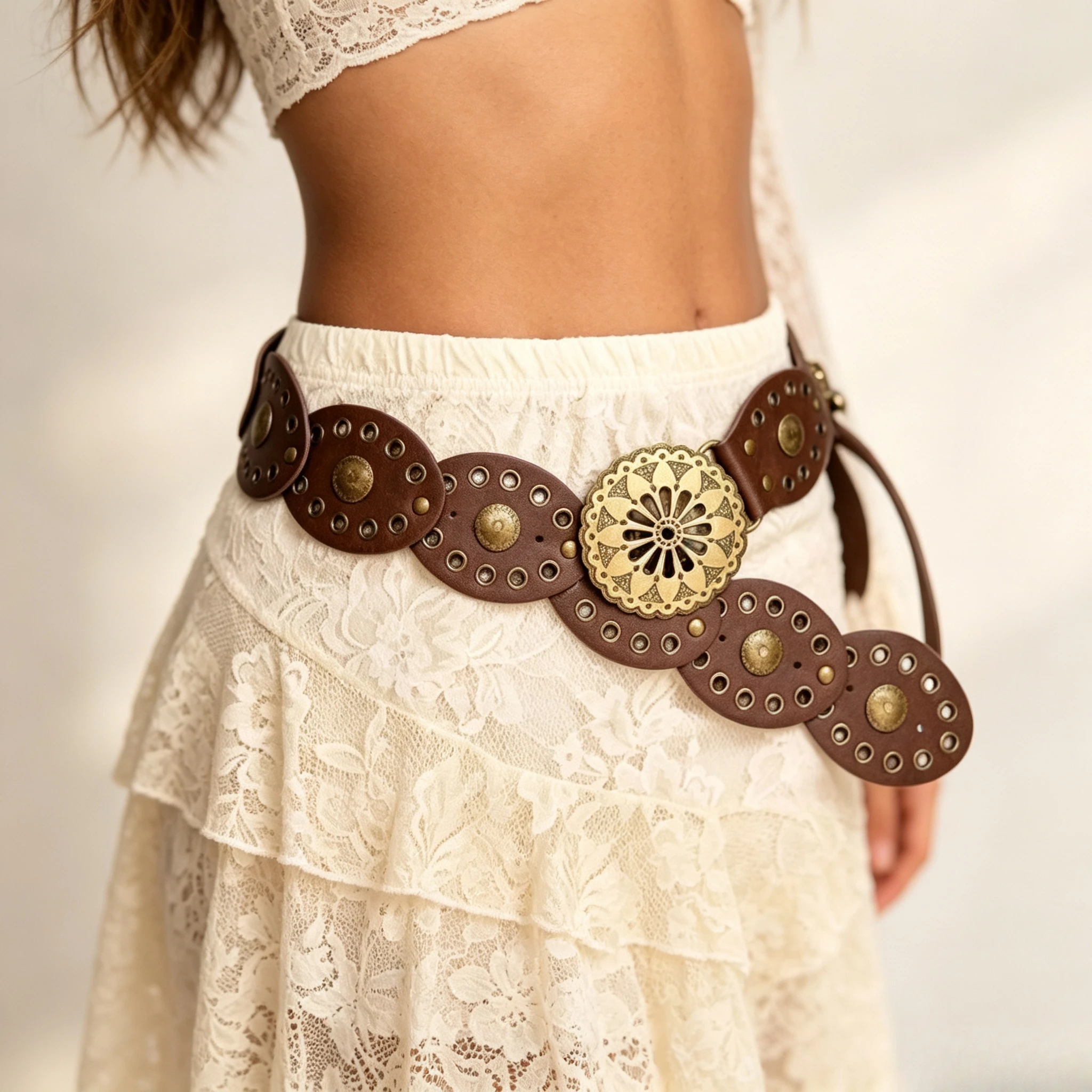 Boho Western Brown Faux Leather Waist Belt Antique Brass Sunflower Hollow Buckle Multi Rivet Oval Linked Wide Corset Belt