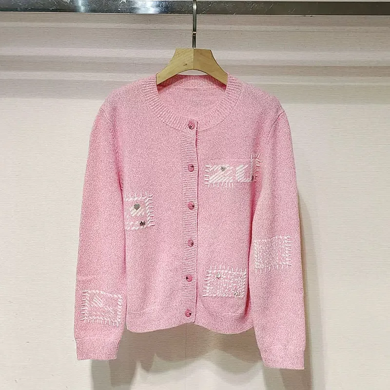 

Elegant round Neck Embroidered Woolen Knitted Open Cardigan Women's Sweater Outerwear Casual Top for Autumn Winter New Arrival