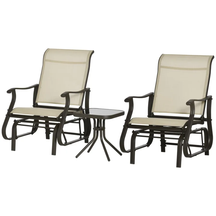 

3Piece Gliding Chair Tea Table Set Outdoor 2 Rocker Seats with Steel Frame Tempered Glass Tabletop Garden Patio Furniture Beig