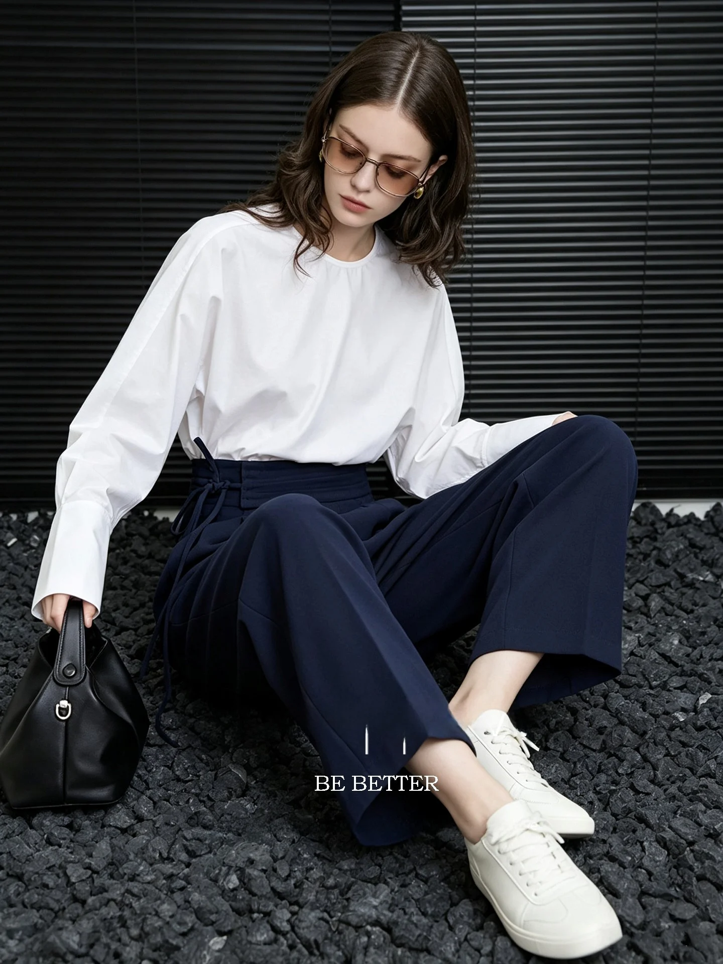 Huaappuw Commuter Casual Pants Side Waist Tie Draped Wide Leg Pants Autumn New Style High Waist Straight Leg Polyester Blend