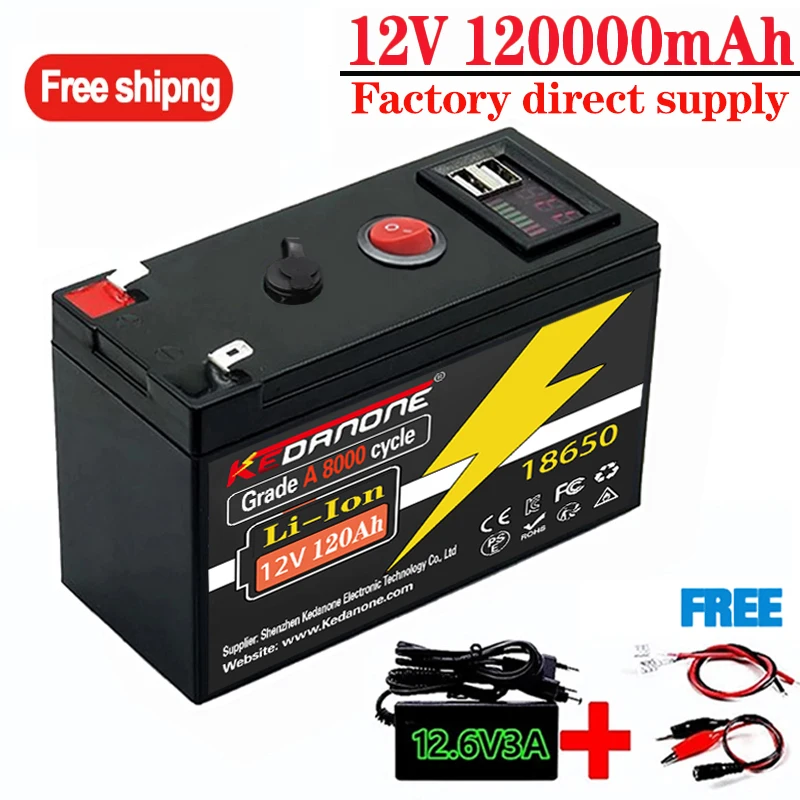 

12V Battery 120Ah 18650 lithium battery pack Rechargeable battery for solar energy electric vehicle battery+12.6v3A charger