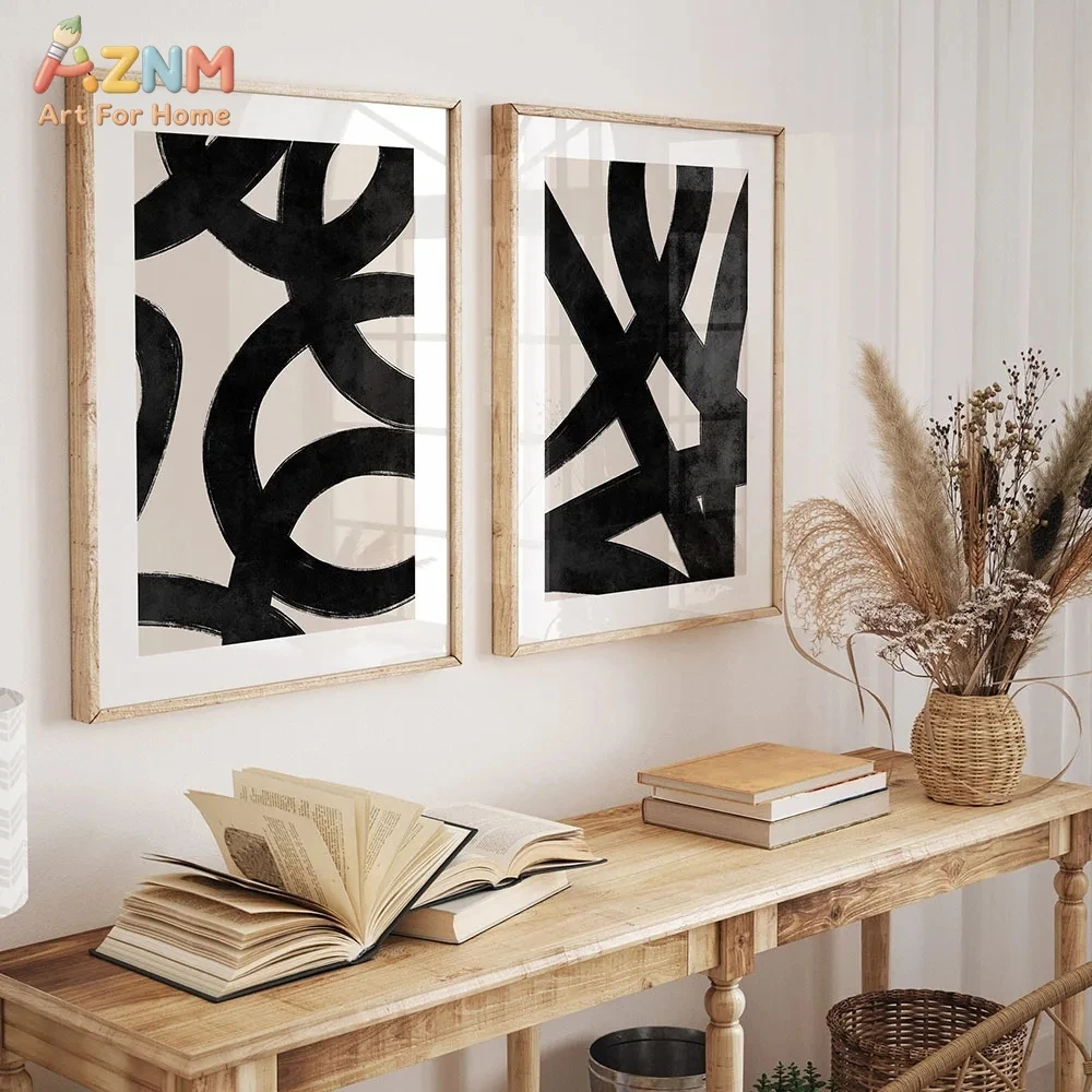 AZNM Minimal Black Beige Abstract Line Canvas Wall Art, Modern Geometric Brush Stroke Neutral Aesthetic Home Room Wall Decor Unf