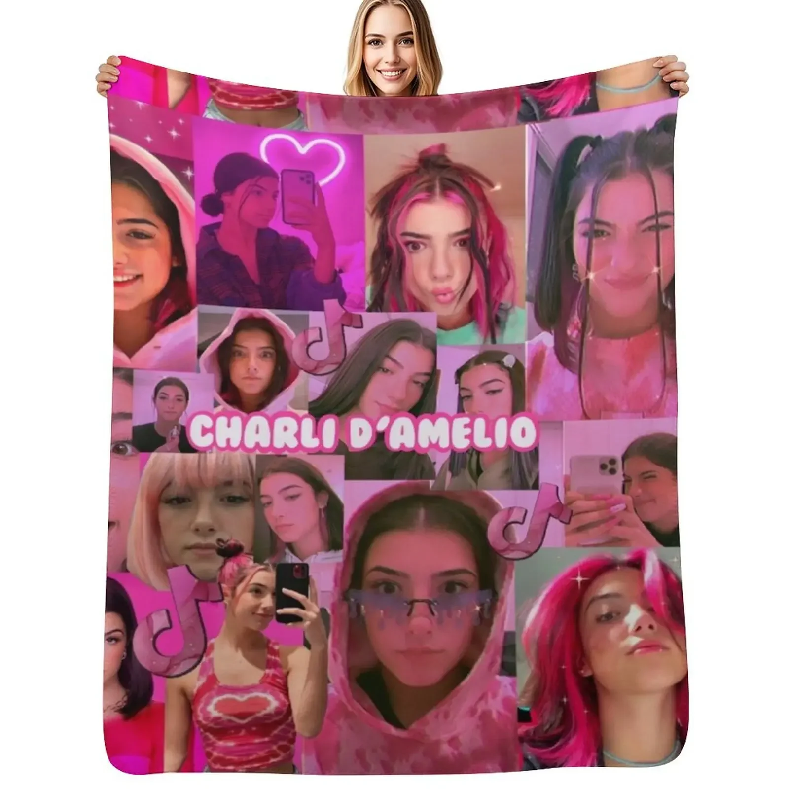 

Pink Charli DAmelio collage Throw Blanket Thin Beautifuls Bed linens Blanket
