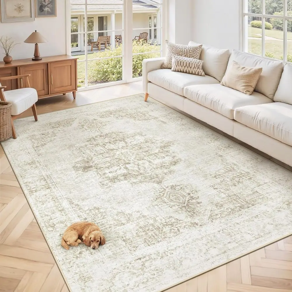 

Vintage Medallion 6x9 Area Rug - Washable Low Pile Carpet for Living Spaces, Home Office (Beige)