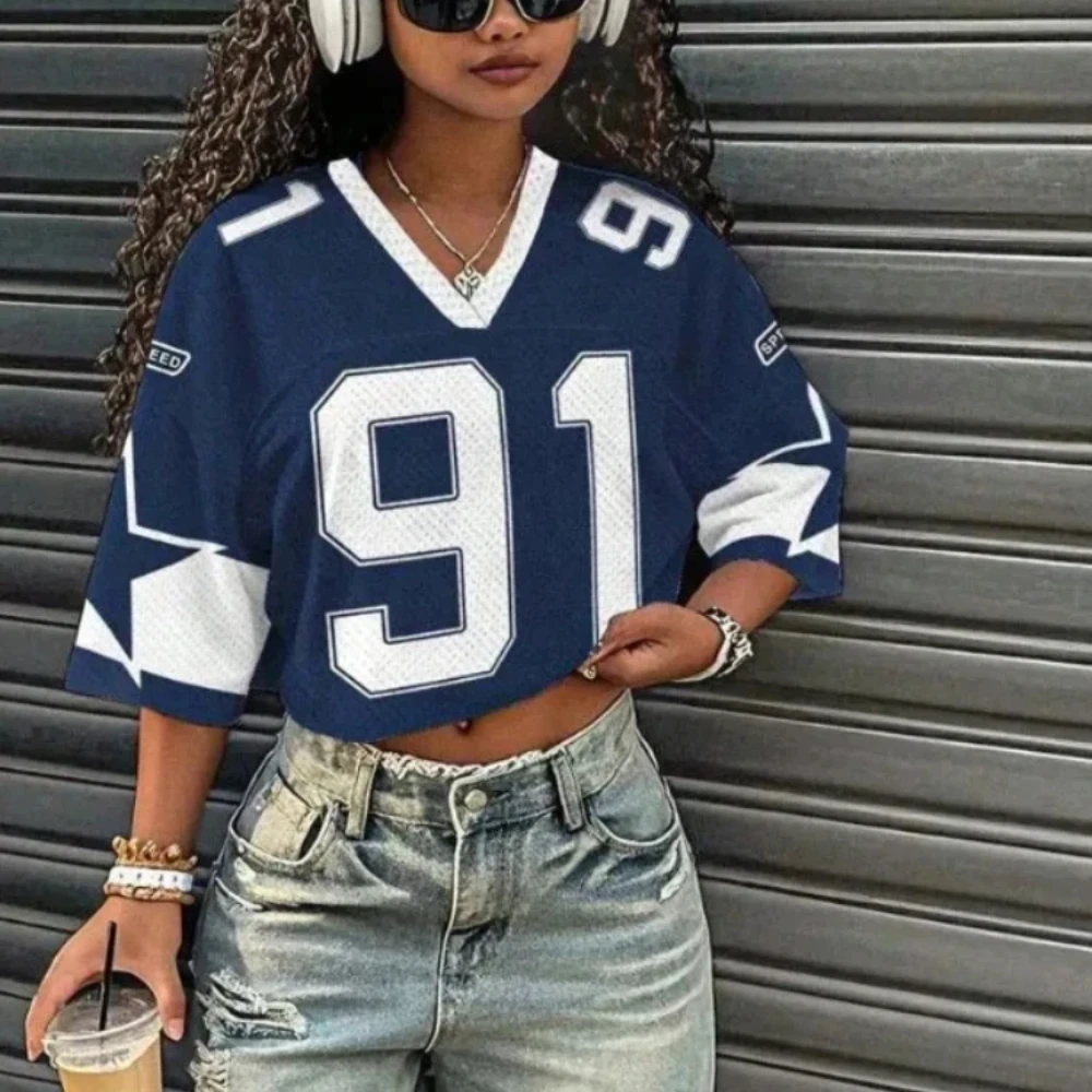 Y2k الصيف النساء موضة الرياضة تي شيرتات قصيرة الاكمام الأمريكية عادية الطباعة الرقمية بسيطة فضفاضة المحاصيل الأعلى الخامس الرقبة تنوعا الفانيلة