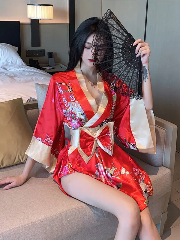 2023 Spring Women\'s New Japanese Style Kimono Uniform Waist retraction Bow printing Batwing Sleeve V-Neck low-cut Dress OO99