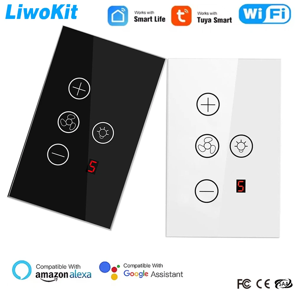 

LiwoKit Tuya WiFi Smart Ceiling ​​5-Speed Fan Light Switch US Switch Smart Life Control Works With Alexa Google Home