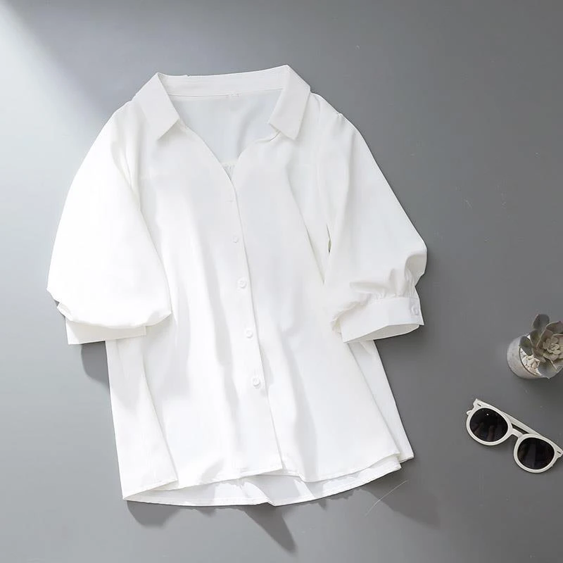 Women Summer Korean Fashion Simple Chic Button Shirts Office Lady Elegant Business Casual Blouses White V Neck Half Sleeve Tops