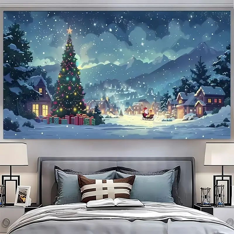 VIKAMA Wall Tapestry Christmas Snowy Mountain Village Tree Santa Sleigh Winter Holiday Wall Hanging Home Decor Living Room Soft