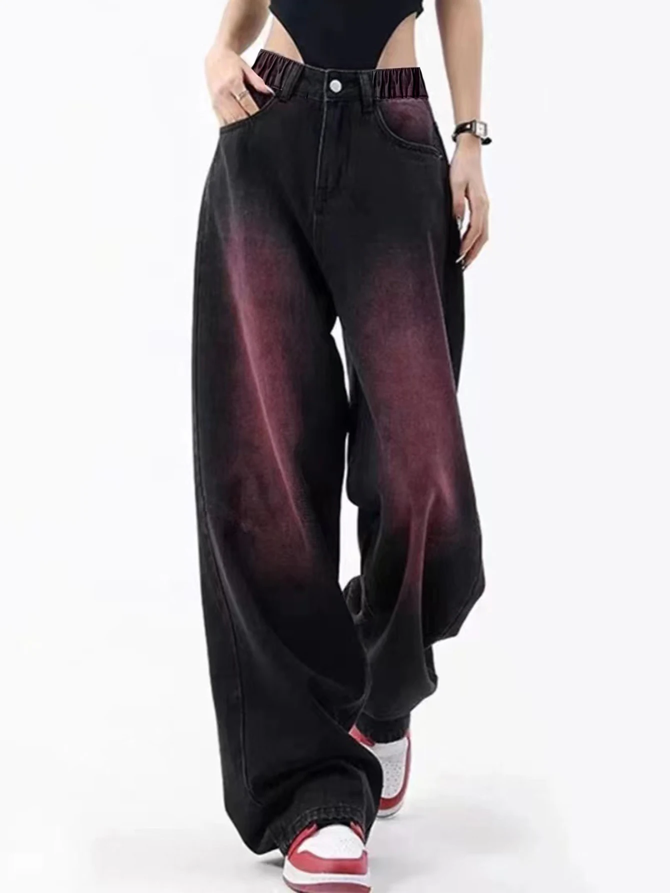 

Teenage Girl's Gradient Black Fashionable Long Jeans - Loose & Casual High-Street Wide Leg Straight Leg Pants (Size S)