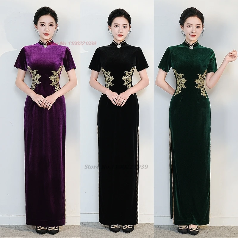 

2025 chinese traditional dress improved qipao national flower embroidery velvet cheongsam retro banquet evening dress qipao