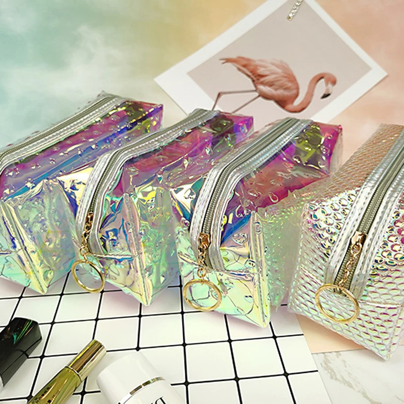 6 pcs/pack Iridescent TPU phantom colorful makeup cosmetic bag storage heart star pattern embossing toiletry large compacity