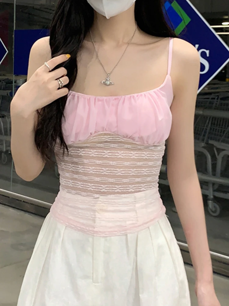 เสื้อครอปท็อปผ้าลูกไม้สำหรับผู้หญิง ดีไซน์เซนเซชั่น พร้อมเข็มขัดรัดเอว เสื้อกล้ามบางเบาสำหรับฤดูร้อน ใส่เป็นเสื้อซับในลำลอง แบรนด์ Sle Fidouha