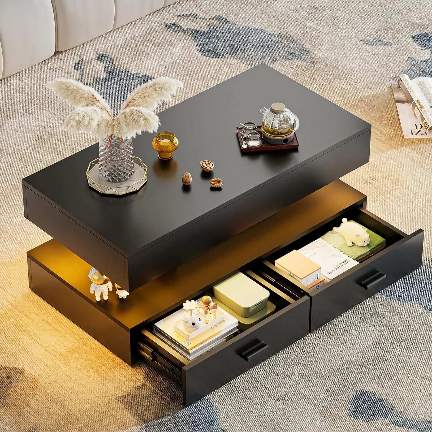 Mesa de centro grande de alto brilho de 47.2 "com 2 camadas, mesa de centro led para sala de estar, mesa central retangular com armazenamento oculto f