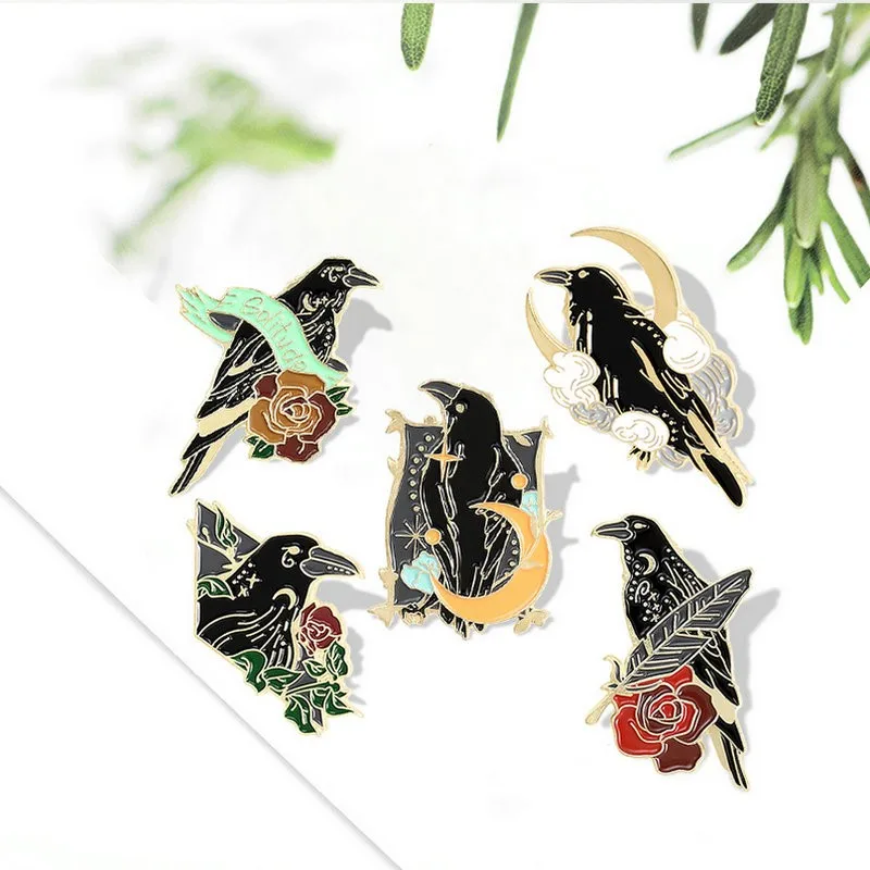 

Pin Custom Bird Feather Moon Flowers Brooches Bag Lapel Pin Punk Badge Gothic Jewelry Gift for Friends Crow Raven Enamel