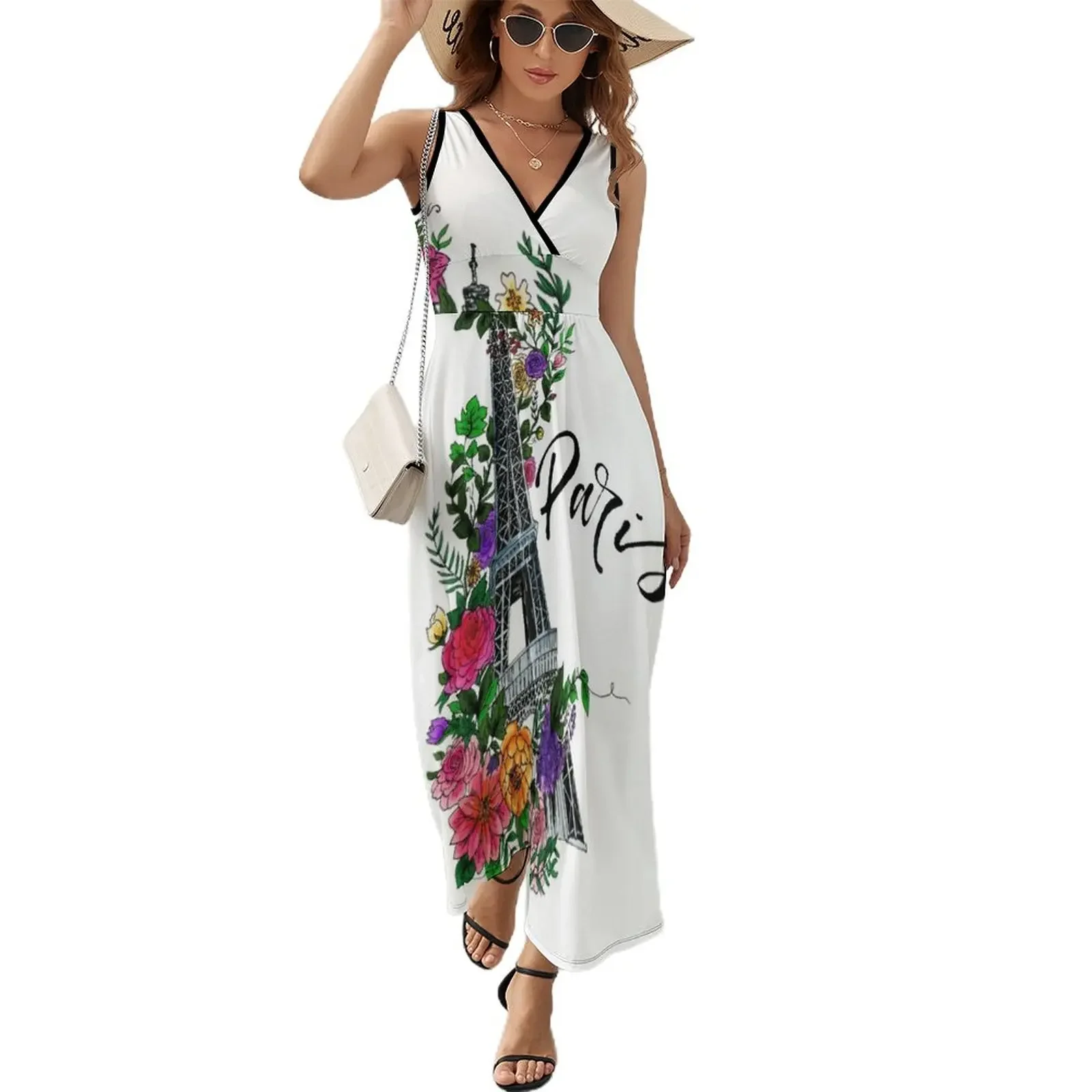 

Floral Eiffel Tower Sleeveless Dress Female dress summer dress korean women