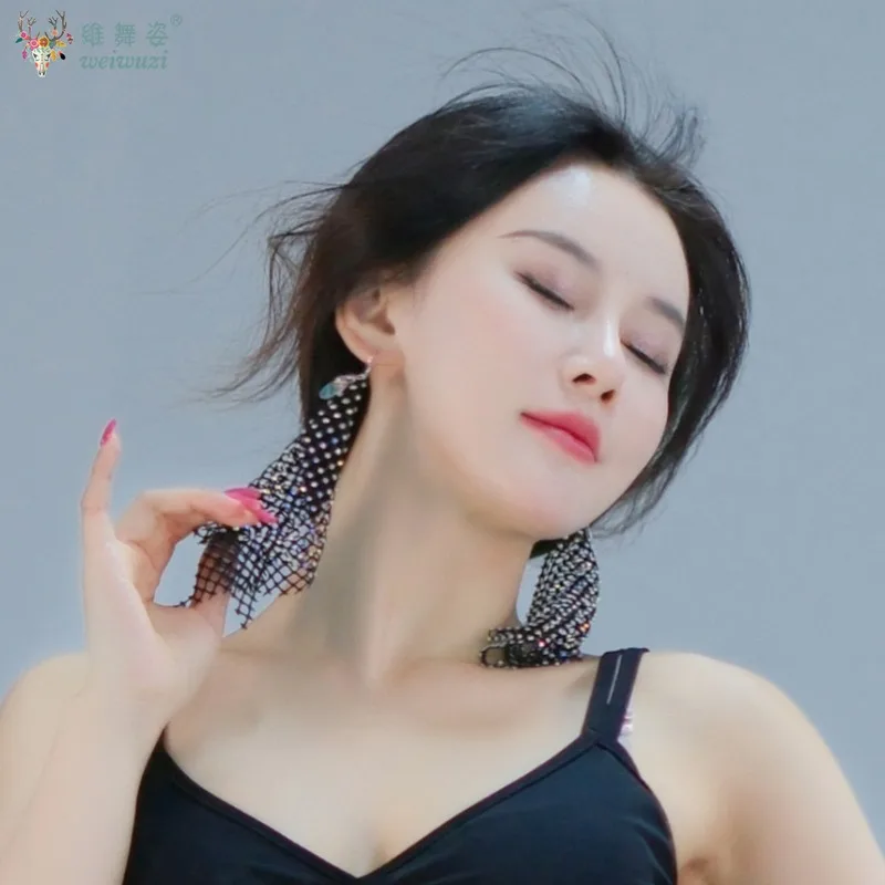 Belly Dance Competition Personality Net Earrings Accessories All Manual Diamond Earrings Latin Performance Clothing Ornament