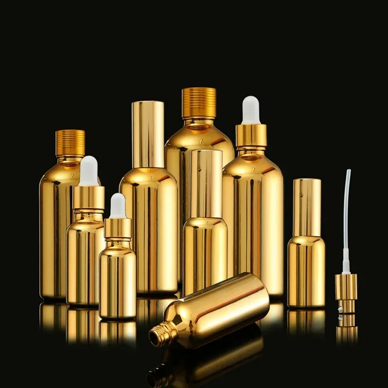 Glass Dropper Bottle Golden 10ml-100ml Essential Oil Vial Glue Head Press Drop Spray Lotion Bottles Cosmetic Packing