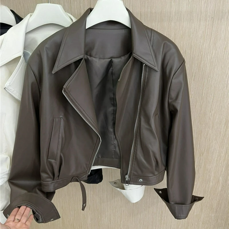 New Spring/Autumn 2026 Korean-style Fashionable Lapel Motorcycle Leather Jacket Short Slimming Form-fitting Outerwear for Women