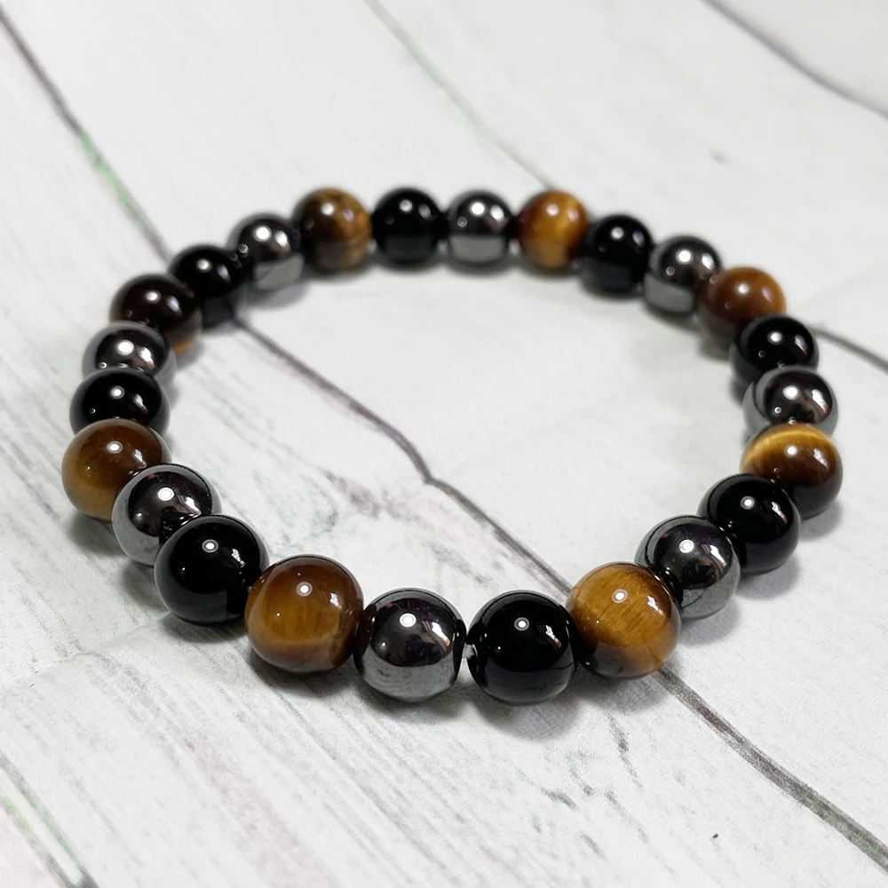 Ruberthen 8 MM Tiger Eye Black Tourmaline Hematite Mix Bracelet Mens Natural Gemstone Handmade Wrist Mala