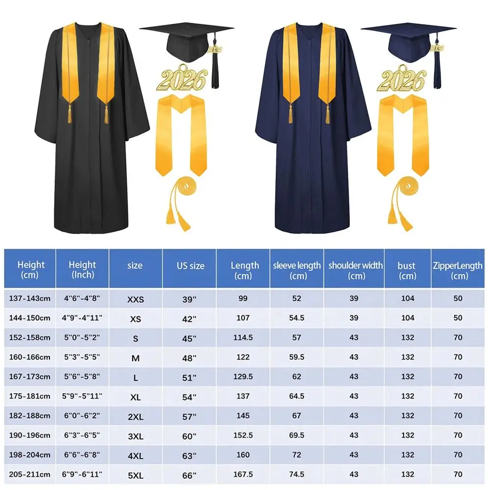 Set di 4 Pezzi per Cerimonia di Laurea: Toga con Scollo a V, Nappa, Sciarpa e Cappello con Chiusura a Cerniera