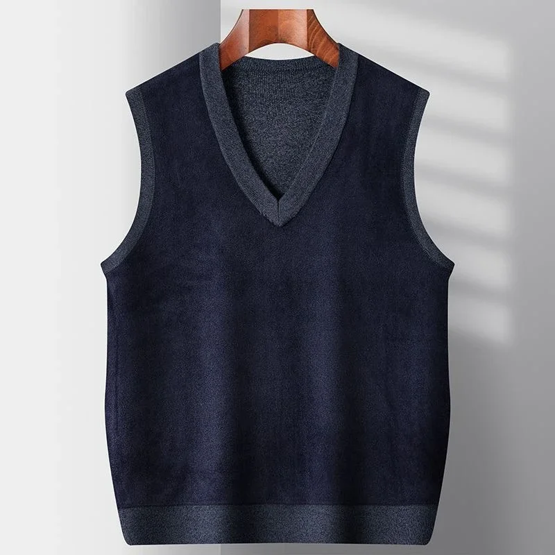

Korean Style Fashion High Quality Men's Argyle Knitted Vest Autumn Winter Fleece Lined Thickened Middle Aged Casual Waistcoat