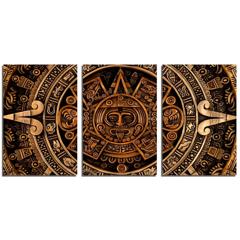 Aztec Calendar Copper And Gold Colors Tones Canvas Wall Art Home Decor