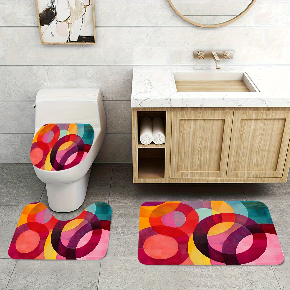 

3pcs ​​Abstract Circle Art Bath Mat Set - Non-Slip Flannel Rug & Pad for Modern Bathroom Decor & Artistic Accent​