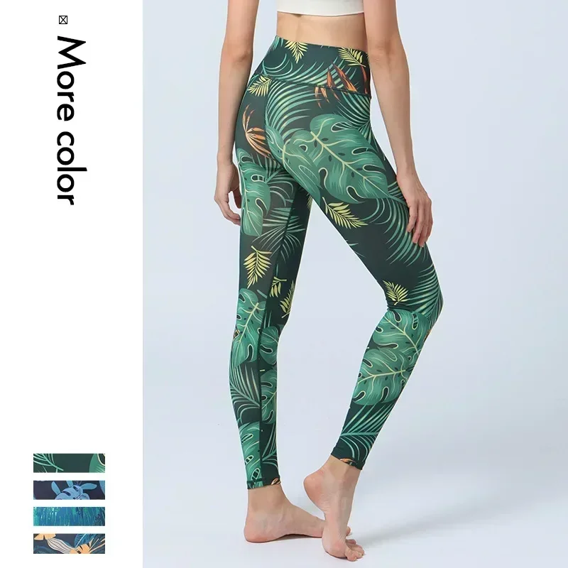 Mallas deportivas con estampado de hojas nuevas para mujer, pantalones ajustados con realce de glúteos y cintura alta, pantalones de baile para