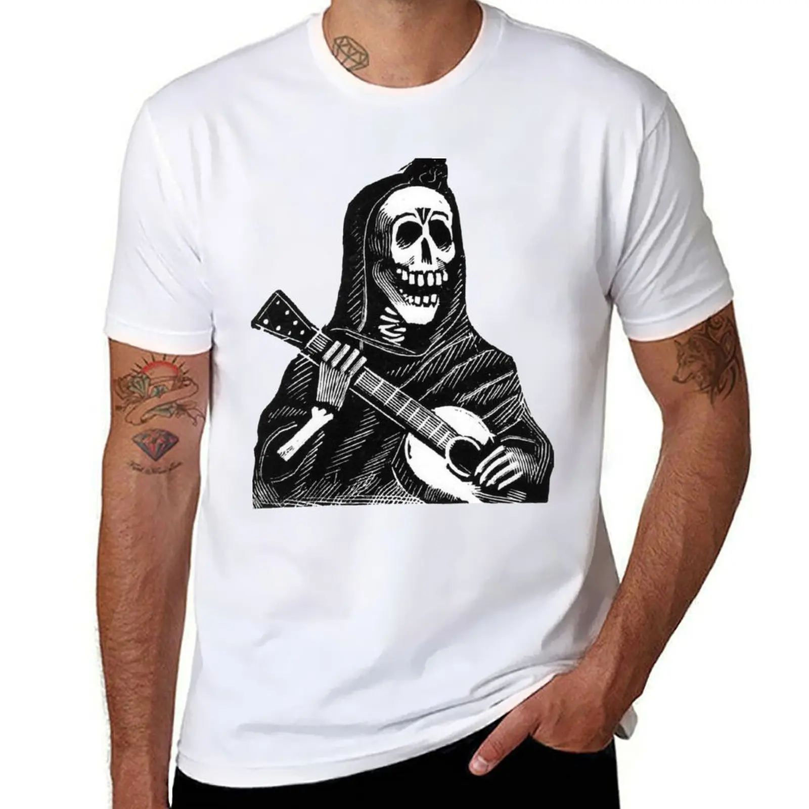 

skeleton. Posada Guitarist “Balladeer” Guadalupe Jose by T-Shirt Daily Wear Plain Short Sleeve Shirt