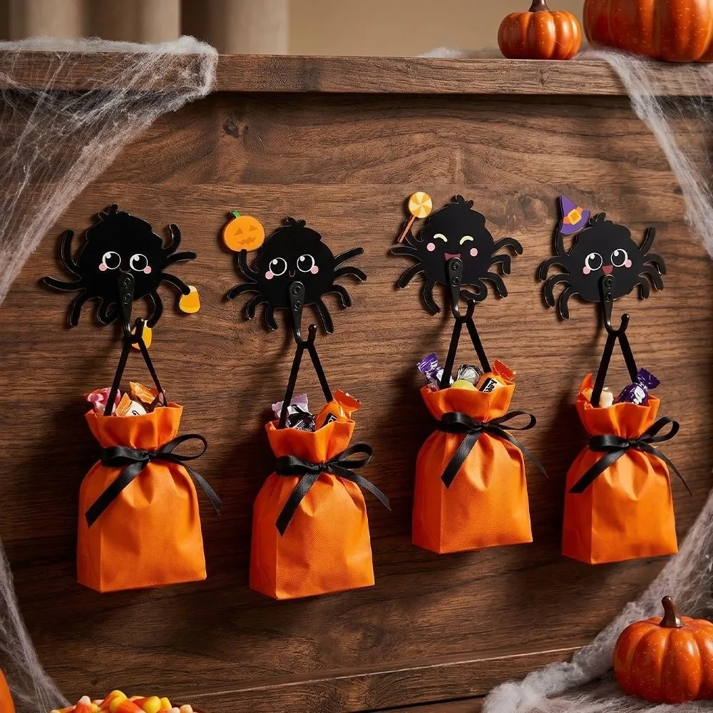 Wooden Halloween Cartoon Spider Hook Cute No-Drill Keys Holder Gothic Style Wall Mounted Spider Wall Hooks Entryway Organizer