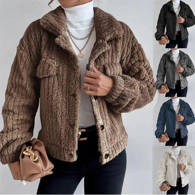 

Casual Thiened Plu Jaet with Lapels Flip Collar Leisurely ort Outerwear for Women Long Sve Other Material Ladies Coat
