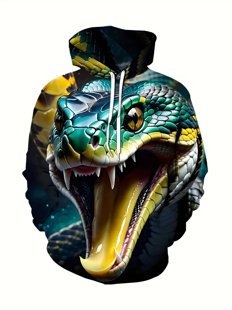 Vintage Men's Hooded Wolf Snake 3D Printed Battle Animal Pattern Sweatshirt Drawstring Sport Long Sleeve Tops Casual Men Clothes