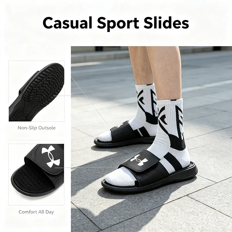 2026 Under Armour Black White Casual Sport Slides Cushioned Thick Sole Non-Slip Slippers for Gym Beach Daily Wear3026023-001