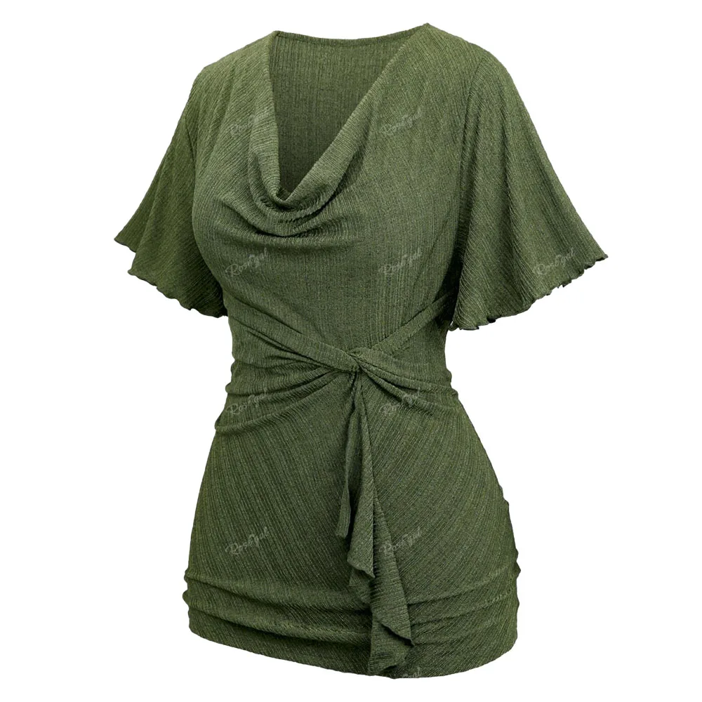 ROSEGAL Plus Size Twist Ruffles Ruched Ribbed Textured Top Deep Green Female Spring,Summer Cowl Neck Casual T-Shirts