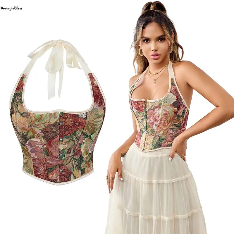 Front Busk Closure Women's Retro Sleeveless Vest Tank Top Khaki Floral Print Renaissance Halterneck Corset Top Plus Size Xs-xxl