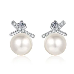 S925 Sterling Silver Earrings Anniversary Gift Moissanite 7mm Pearl Stud Earrings for Women