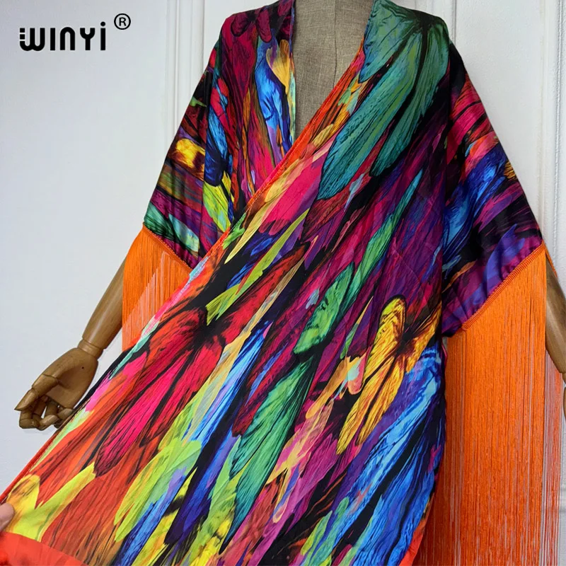 WINYI kimono okrycia plażowe boho drukuj letnie stroje dla kobiet elegancki modny sweter seksowny wakacyjny frędzle długa sukienka puchowa