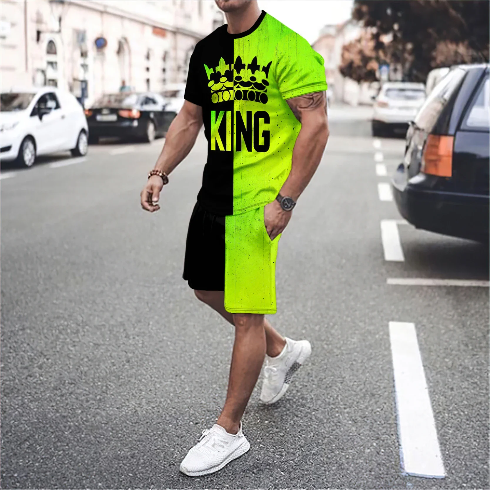 

3D Smiley Monogram Printed Men's Short Sleeve Suit Basketball Sportswear Men's Round Neck Short Sleeve T-shirt Shorts Suit