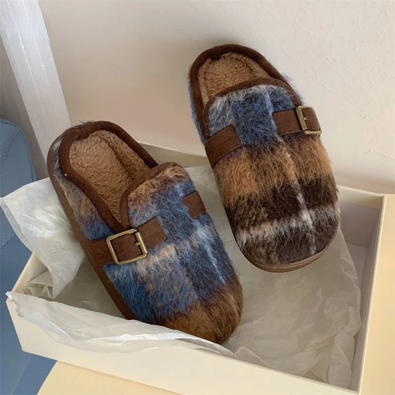 Plaid Print Plush Ring Slippers Autumn Winter Fleece Women's Home Slippers Indoor Soft Fluffy Cloud Slipper Flats Female Shoes