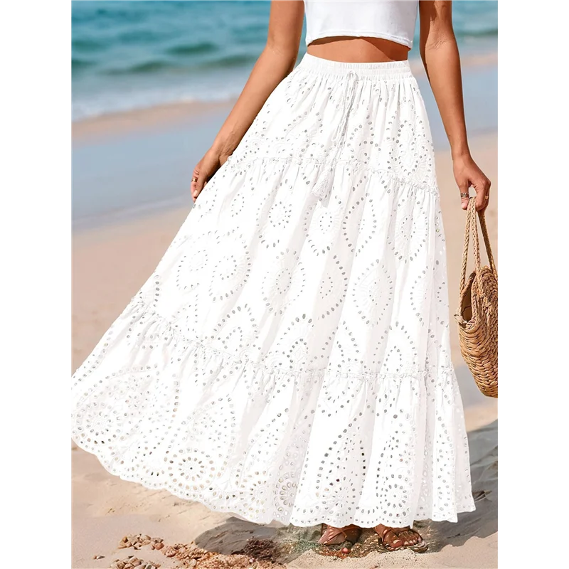 ABRT-Women's Boho Casual Summer 2025 Lace Embroidery Eyelet Elastic Waist Flowy Tiered A-Line Beach Maxi Skirt