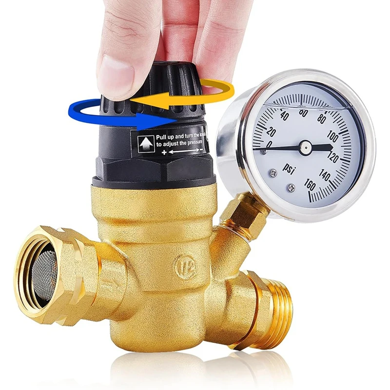 

RV Water Pressure Regulator Valve, Adjustable Water Pressure Reducer With Gauge And Inlet Screen Filter For RV Camper