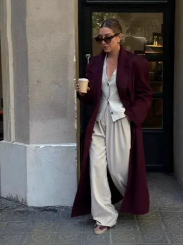 UMI MAO Women Fashion Burgundy Woolen Coat Double Breasted Long Sleeve Lapel Blends Jacket Autumn Winter High Street Outerwear