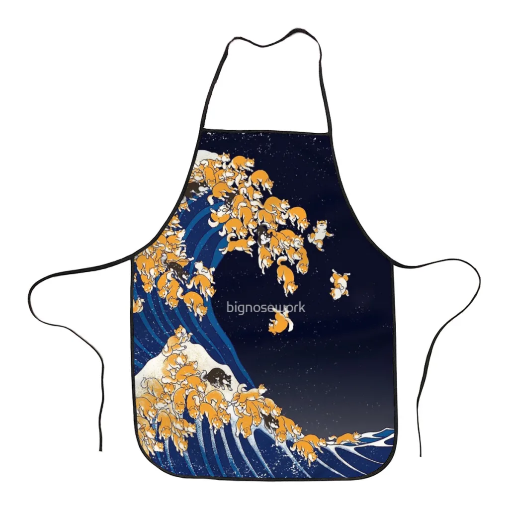 

Shiba Inu The Great Wave in Night Kitchen Women Apron Household Cleaning Composite Pinafore Salon Home Cooking Baking Adult